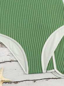 SHEIN Teen Girls Striped Printed Round Neck Sleeveless One-Piece Swimsuit With Cover Up Shorts, Suitable For Summer, Beach, Vacation Young Girls Sets Bathing Suit Set Kids 1 Piece Bathing Suit For Teens Women Bathing Suit Set Bathing Suits Teen Set - Dark Green - View 4