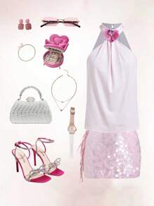 SHEIN Clasi Women's Elegant Sleeveless Top With 3D Floral Decor & Ruffle Detail Graduation Boho - Pink - View 2