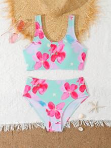 SHEIN Tween Girls Knitted Bowknot Printed Bikini Sets, Cute Tankini Design, Fashionable & Modest, Suitable For Beach, Swimming, Vacation, Summer - Pink - View 3