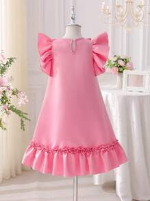 Young Girl Elegant Solid Color Butterfly Decor Ruffle Hem Summer Dress