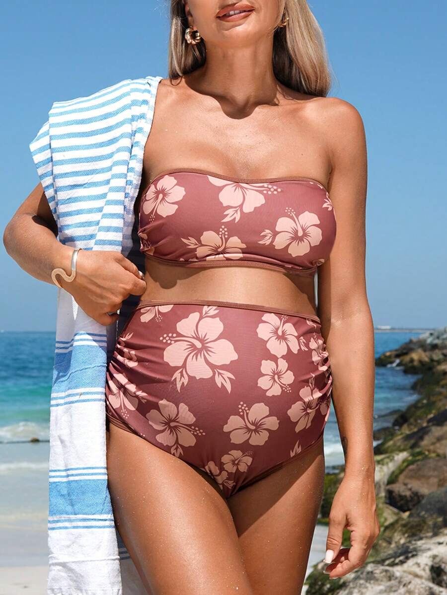 SHEIN 25SS Floral Print Low Waist Pregnant Women Bikini, Summer Beach Holiday - Multicolor - View 1