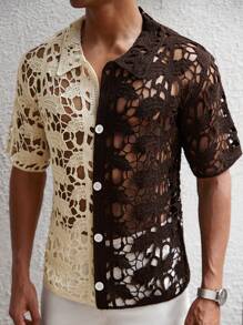 Manfinity Homme Men's Contrast Color Front Button Sheer Casual Short Sleeve Crochet Knit Shirt, Men's Crochet Shirt, Open Knit Shirt Men, Men's Lace Shirt, Men's Summer Shirts