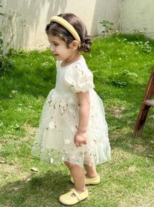 LMoss Kids Baby Girl Woven Tulle Puff Sleeve Round Neck Fitted Dress - Beige - View 10