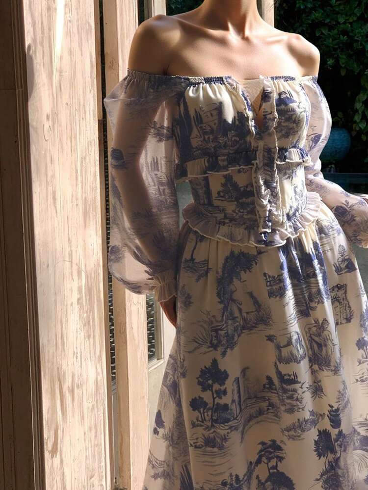 Women's Off-Shoulder Lantern Sleeve Chinoiserie Print Waist A-Line Dress With Frill Trim, Elegant Party Wear Outfit For Music Festival, Ruffle Dress