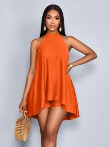 SOLERSUN 女士春夏优雅通勤纯色挂脖露背无袖连体裤 - 橘色 - 查看 6