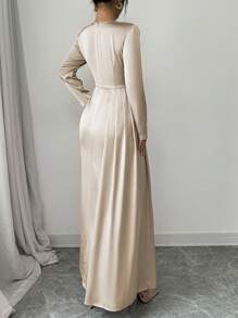 Elenzga Vestido largo con manga larga, escote en hombros fruncidos, corte de seda satinado con abertura lateral, elegante atuendo de mujer