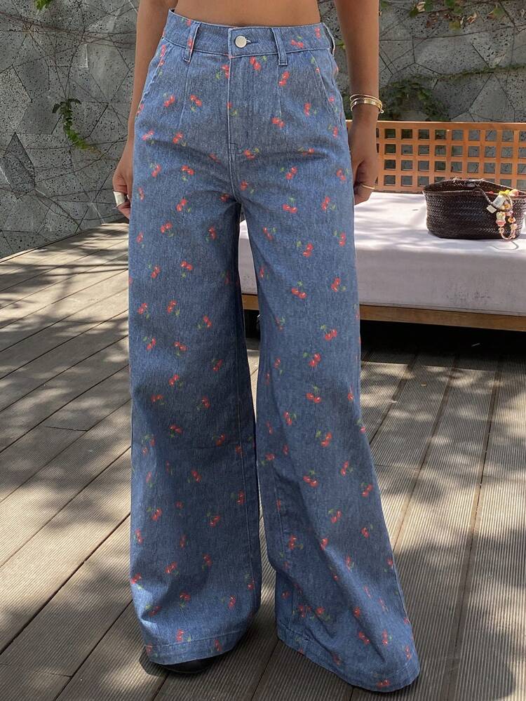 Women's Cherry Print Casual Loose Flare Leg Jeans Y2k