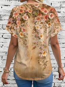 SHEIN LUNE Áo thun họa tiết hoa cổ điển cỡ lớn dành cho nữ, tay ngắn, cổ tay xắn lên, họa tiết hoa cổ điển, dáng rộng thoải mái cho kỳ nghỉ hè - Nhiều màu - Xem 2