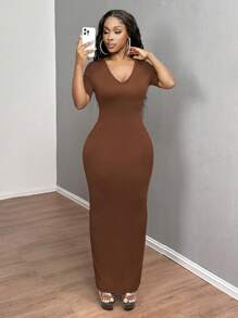 SHEIN SXY 女士纯色 V 领紧身短袖连衣裙 hoco 连衣裙 - 巧克力棕 - 查看 4