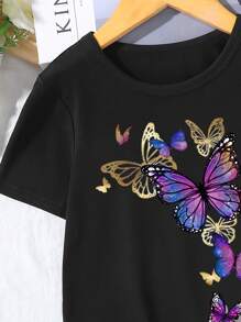 Sparklyn Tween Girl Butterfly Print Round Neck Short Sleeve T-Shirt, Summer, School, Campus, College - Black - View 3
