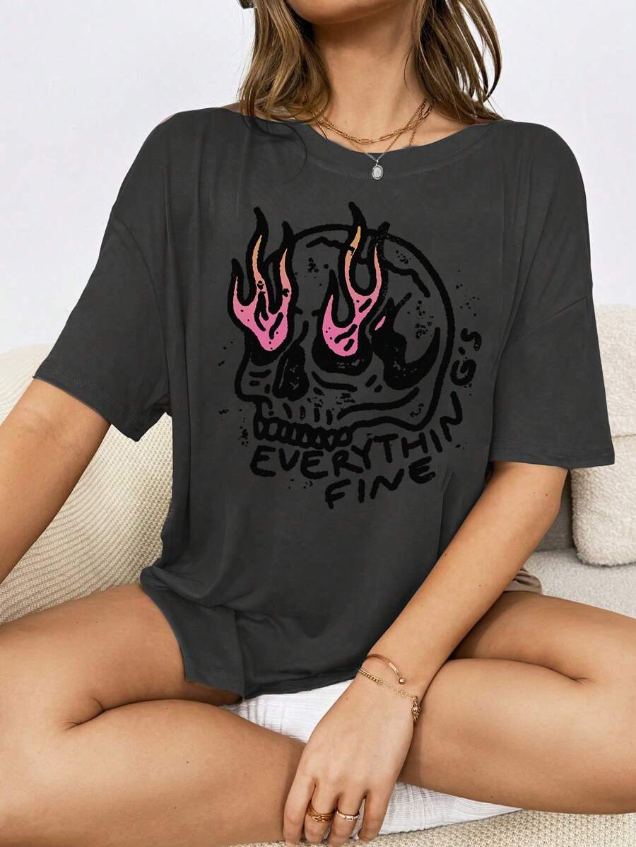 Exquisite Shirts, Staid Shirts, Satirical Shirts, Interesting Skeleton Shirts, Holiday Shirts, Comfortable Colors, Suitable For Rebellious Youth, Pink Flame Ladies T-Shirt - Dark Grey - View 1