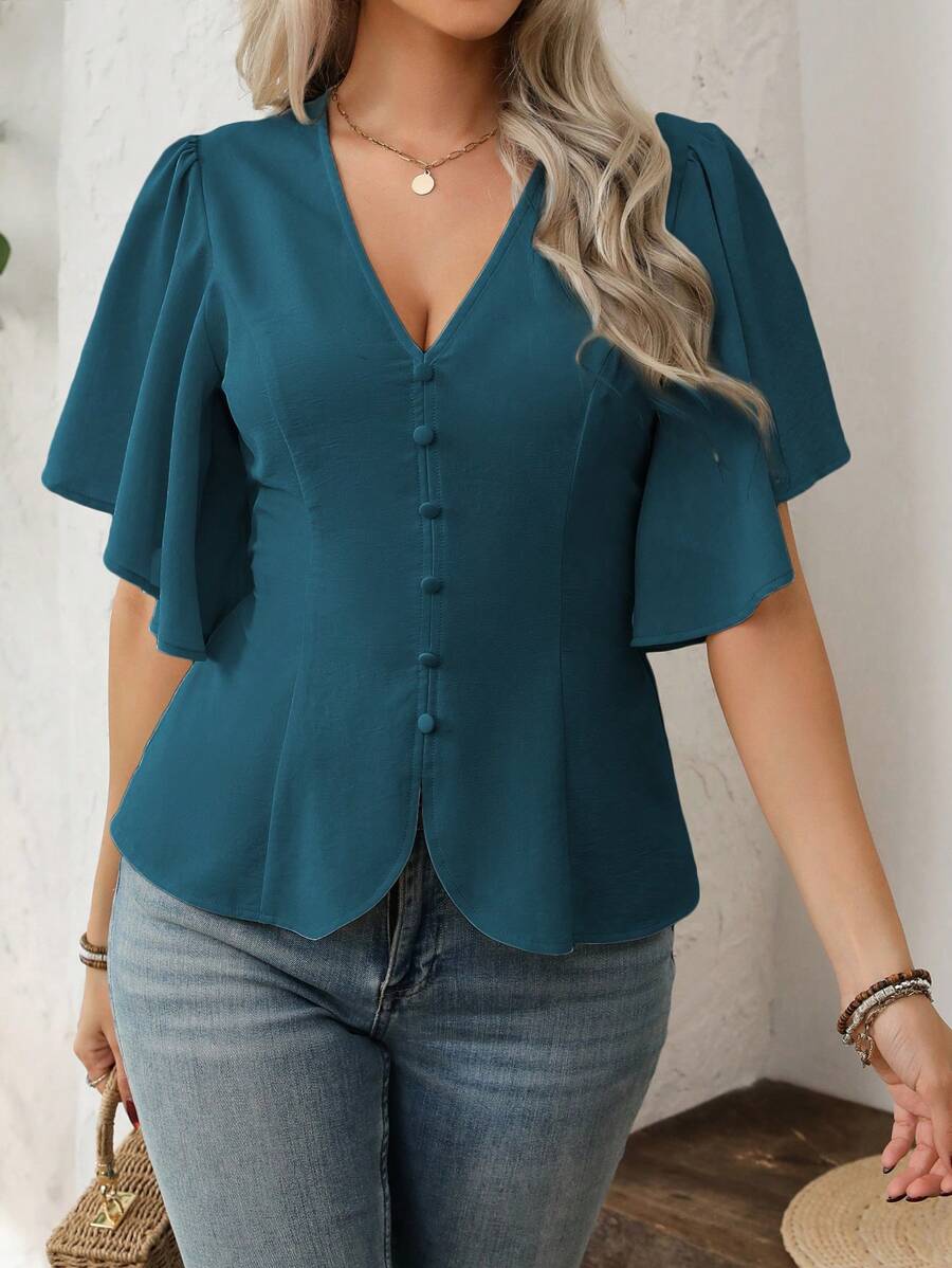 Vionelle 大码女式优雅 V 领纽扣装饰腰喇叭袖短袖衬衫，适合通勤、休闲和度假，春夏季 - 水鴨藍 - 查看 1