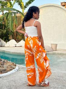 Tween Girl Spring & Summer Casual Tropical Plant Orange Print Ruffle Hem Super Wide Leg Pants , Mommy And Me Matching Outfits(2 Sets Are Sold Separately)
