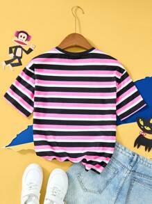Paul Frank X SHEIN 青少年女孩卡通猴子印花条纹 Y2K 休闲短袖 T 恤