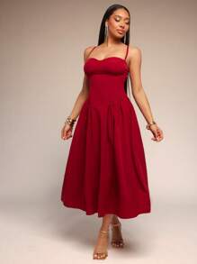 Vixey 纯色梭织低腰鸡心领中长连衣裙 - 紅色 - 查看 1