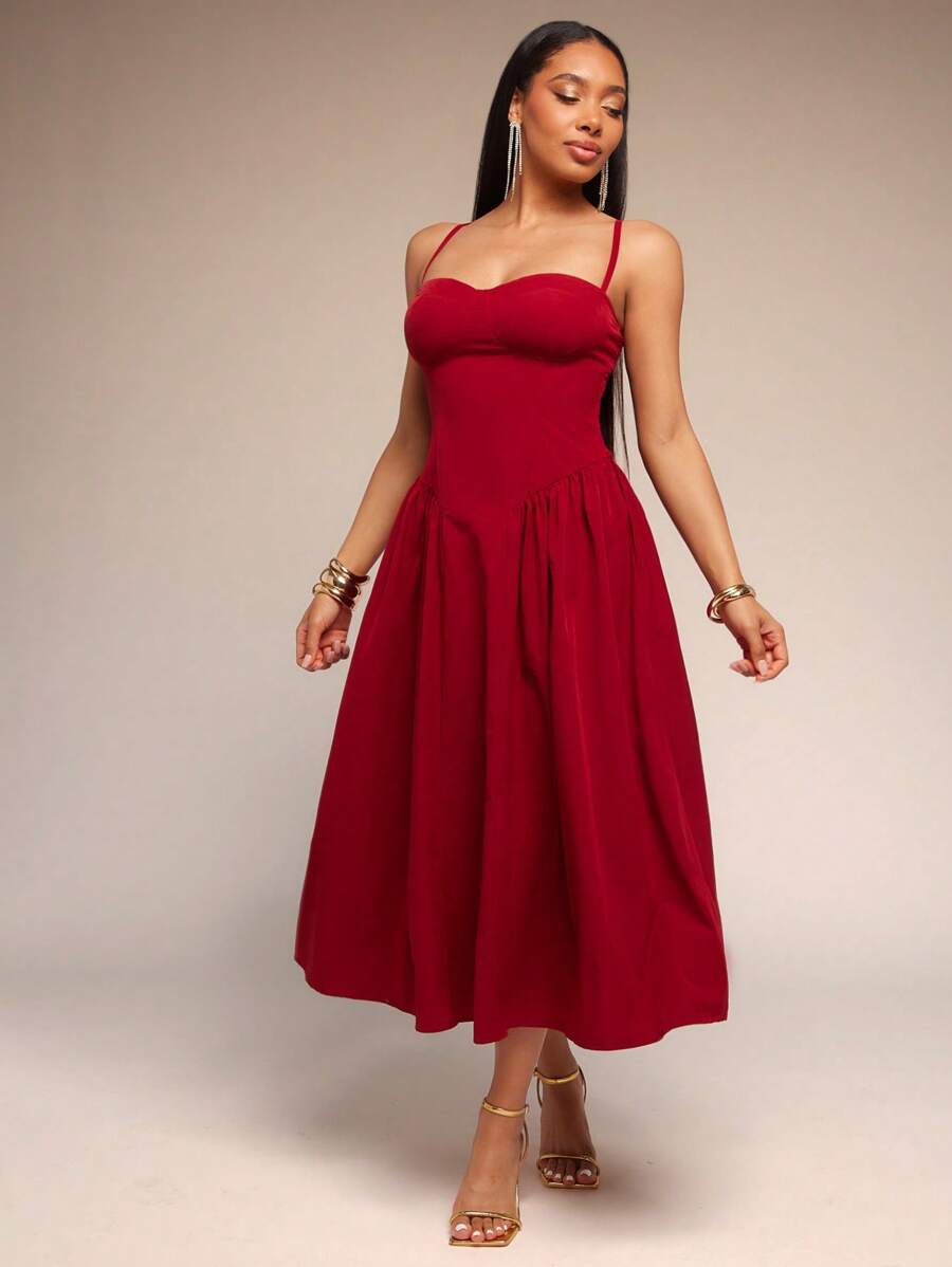 Vixey 纯色梭织低腰鸡心领中长连衣裙 - 紅色 - 查看 1