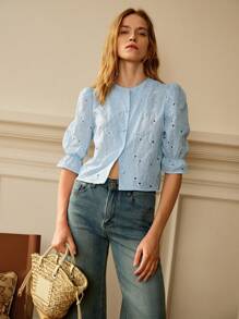 Écloséra 蓝色刺绣花卉圆领主教袖女式衬衫