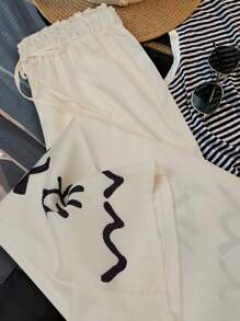 SHEIN LUNE Plus Size Women's Vacation Style Print Drawstring Waist Paper Bag Loose Wide Leg Pants Fall Cloth For Women - Beige - View 2