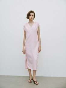 Lumivelle Women's Deep V-Neck Ruched Sleeve Elegant Pink Midi Dress