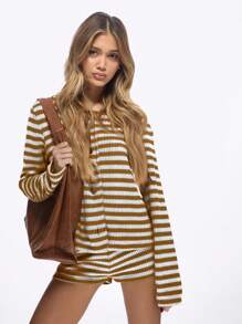MISSGUIDED Conjunto a juego de punto acanalado con botones, manga larga, de cintura alta, short ciclista tipo loungewear para otoño e invierno