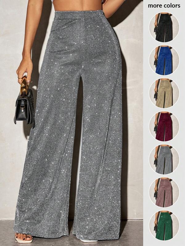 SHEIN SXY Women Casual High Waist Wide Leg Shiny Knit Long Pants