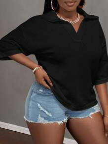 Slaydiva Loose Fit V-Neck Drop Shoulder Crochet Hollow Out Knitted Plus Size White Tops, Casual & Vacation Style, Spring/Summer