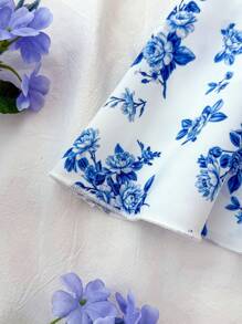 SHEIN Teen Girls Clothing New Design Square Collar Puff Sleeve Cinched Waist Ruffle Hem Ditsy Ditsy Floral Casual Elegant Blouse