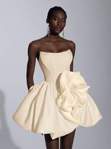 Elitara Elegant Satin Cropped Bustier, Basque Low Waist 3D Rose Tulle Dress, Adjustable Backstrap, New Year Gift Party Gown, Bride,Birthday Dress