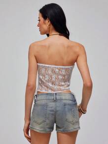 Roylia Parte superior de mujer al estilo europeo y americano con volante de encaje contrastante en el bajo tipo bandeau - Blanco - Ver 2