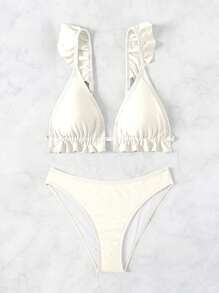 SHEIN Swim 女士纯色荷叶边系带白色比基尼套装 - 米色 - 查看 3
