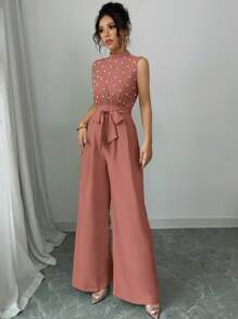Top sin mangas con cuello alto y cintura ceñida en color amarillo mantequilla, con pantalón ancho de pierna ancha, mono cómodo, adecuado para primavera/verano/otoño/invierno, elegante, vestidos de noche, apropiado para uso diario, pantalones con cordón/casual elegante/vuelta al colegio/invierno, Acción de Gracias, temporada de bodas/vestido de cóctel corto/dama de honor/vestidos africanos para mujer - Rosa vieja - Ver 3
