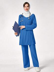 TaskEZ Solid Color Long Sleeve Top And Pants Scrub Uniform Set - Royal Blue - View 3