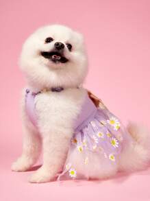 PETSIN 1pc Cute Small Daisy Lace Purple Tulle Bow Dress, Sweet Dog Apparel For Pet Universal