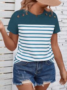 SHEIN LUNE CURVE Women Plus Size Round Neck Fuchsia Striped Printed T-Shirt With Button Shoulder Decoration - Multicolor - View 3