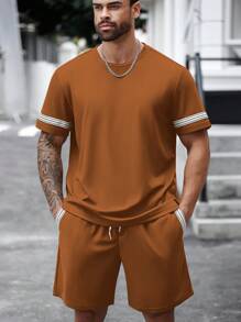 Manfinity Homme Men Plus Size Summer Striped Woven Belt Round Neck Short Sleeve T-Shirt And Shorts Casual Set Men Co Ord Setmen Two Pieces Setmocha Outfit For Menmens Two Pieces Casualmen Co Ord