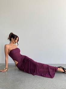 Aloruh Vestido elegante e sexy com decote halter, costas nuas, recortes e bainha com babados, magenta, para sair - Violeta - Visão 6