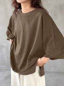 FRIFUL Women's Casual Loose Solid Round Neck T-Shirt With Side Slits, Summer