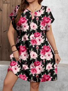 SHEIN LUNE Plus Size Women Casual Floral Print Loose Short Sleeve Dress, Suitable For Summer Mother's Day Gift  Women Short Dresses Summer Women Summer Clothing Vcay
