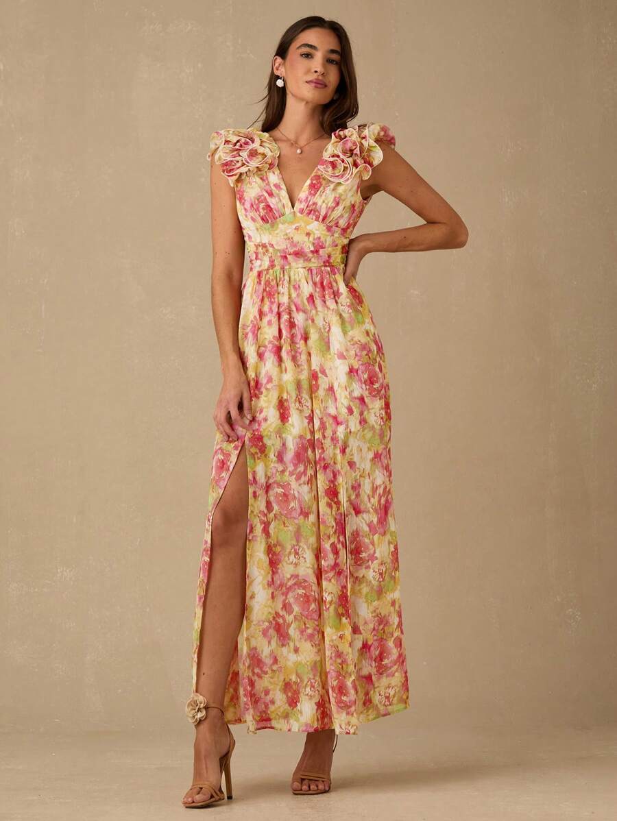 Enchnt Vestido midi de verano para mujer con estampado floral elegante, volantes y abertura en el bajo - Amarillo - Ver 1
