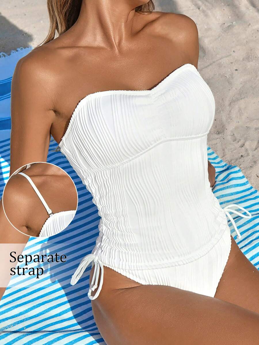 Swim Vcay 女士两件套纯色波浪印花可调节肩带荷叶边系带比基尼套装，时尚休闲度假泳衣 - 白色 - 查看 1