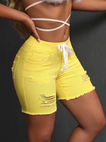 SHEIN SXY Pantalones cortos de mujer de mezclilla con efecto desgastado, apropiados para el verano