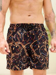 Manfinity Swimmode Pantalones cortos de playa de hombre con estampado de cadena y cordón para ajuste en la cintura