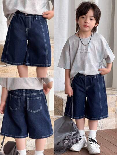 SHEIN Young Boy New Fashion Casual Boho Contrast Color Line Loose Wide-Leg Baggy Dark Blue Denim Jeans Shorts Bermuda,For Kids Spring/Summer Indoor/Outdoor Wear And Daily Wear