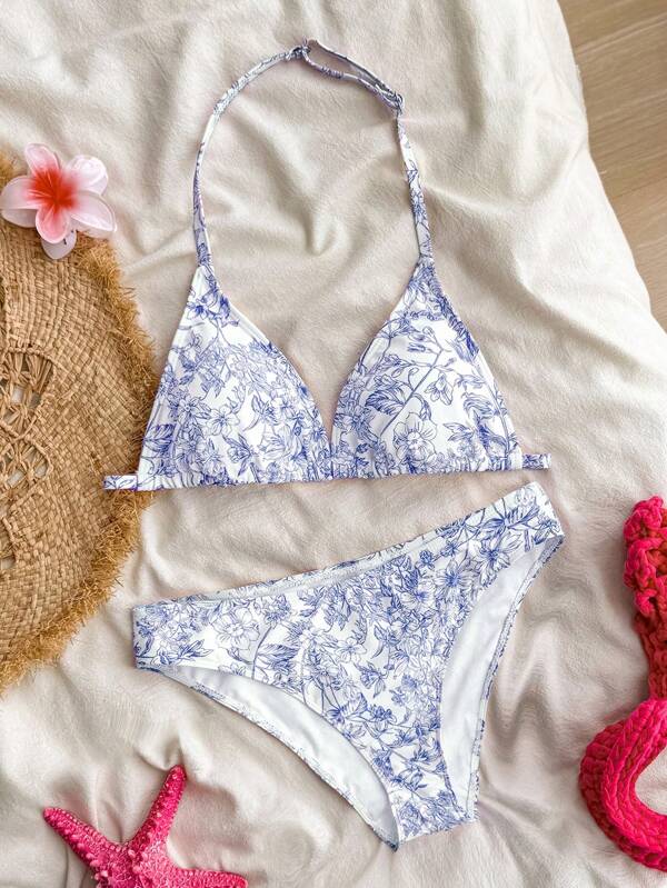 SHEIN Teen Girls Seaside Vacation Blue Floral Print Knit Halterneck V-Neck Bikini Set, Beach Outfit Bathing Suit Summer,Summer Beach