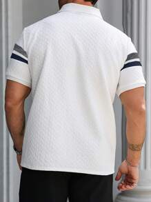 Manfinity Homme Plus Size Men's Casual Patchwork Stripe Textured Short Sleeve Polo Shirt, Summer