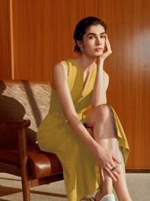 Uhlyne Đầm midi vải lanh hở lưng thanh lịch không tay có thắt lưng cho nữ - Màu vàng - Xem 4