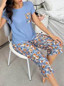 SHEIN Bộ áo tay ngắn và quần lửng in hoa phối tương phản có túi. - Nhiều màu - Xem 3