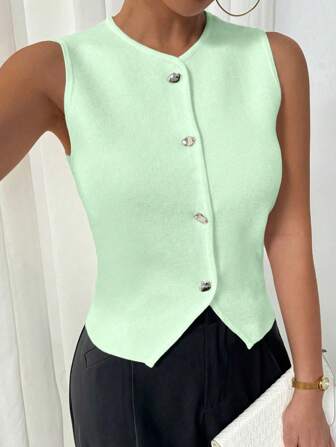 Roylia Women's Asymmetrical Button Accent Knitted Vest Top