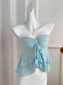 Sweetra Romantic Versatile Double Layer Ruffle Twist Crop Top - Blue - View 3