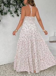 SHEIN Clasi Ditsy Floral Dress With V-Neck Design, Strappy Sleeveless, Plus Size, Yellow Ground, Summer Vacation, Flattering Neck Line - White - View 2